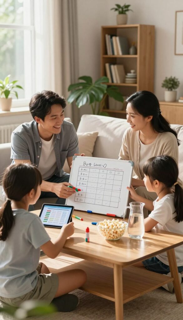 Family gathered around a coffee table for a monthly money meeting, with a whiteboard and tablet showing budget charts.