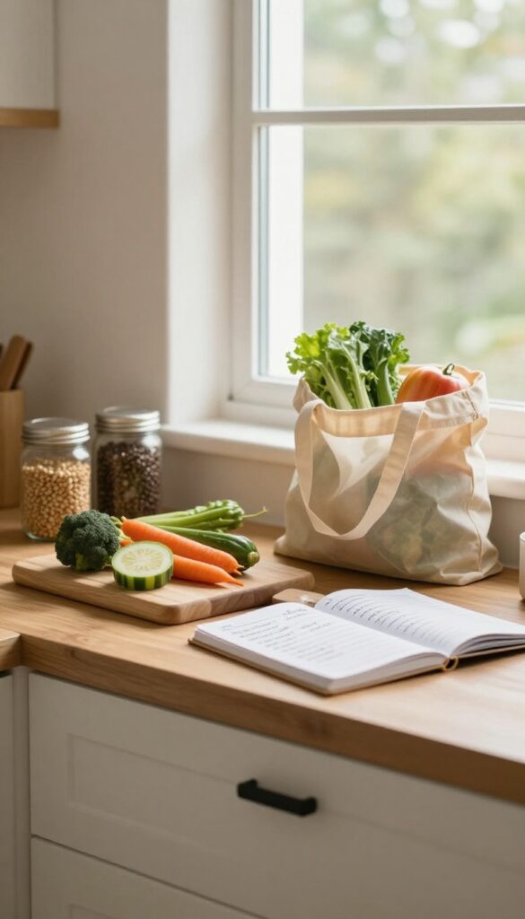 A bright kitchen counter with fresh vegetables, a meal planning notebook, and a reusable grocery bag, emphasizing frugal meal preparation.
