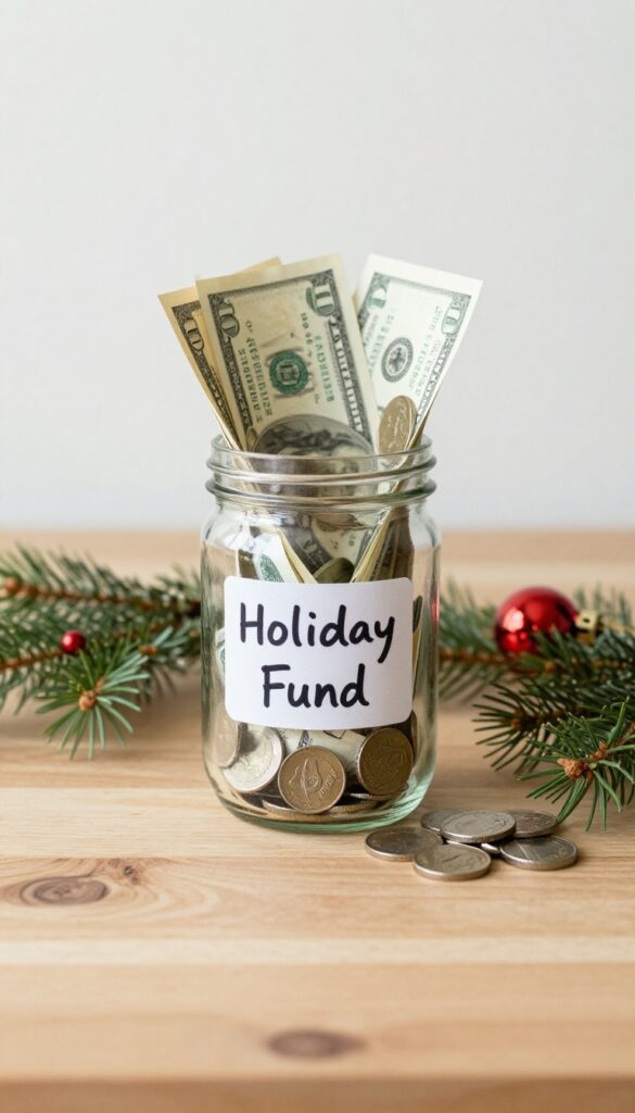 A glass jar labeled 'Holiday Fund' filled with money and surrounded by festive decorations on a wooden table.
