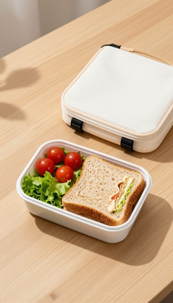 A packed lunch in a container with fresh ingredients on a wooden table