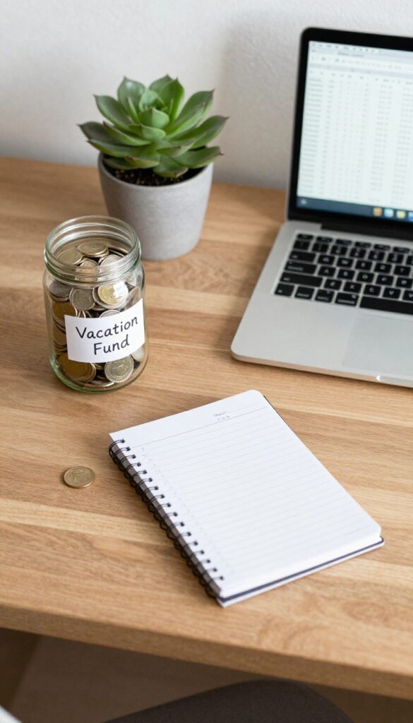 Sinking fund savings jar and budget notebook on a desk