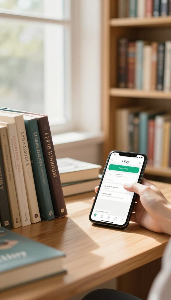 Person reaching for a book in a sunlit library with a smartphone showing a library app