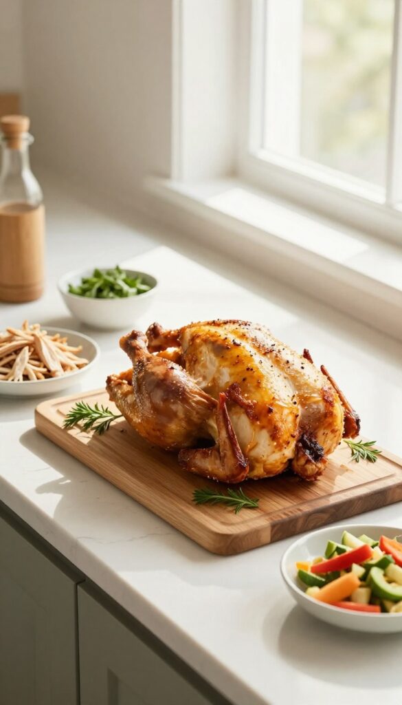 Roasted chicken on a cutting board with bowls of shredded chicken and vegetables, natural light, kitchen counter.