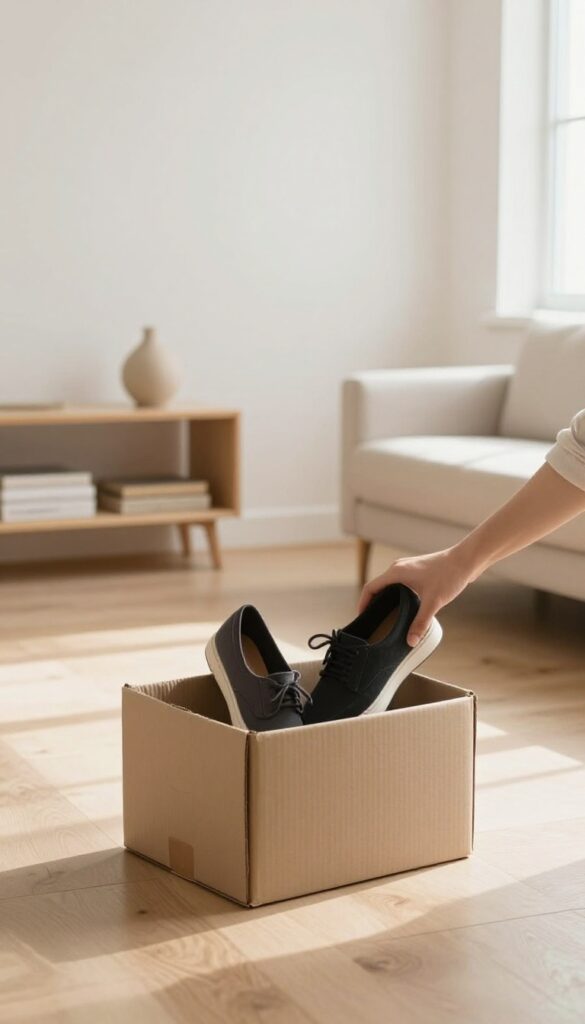 Person donating a pair of shoes as part of the one in one out rule to reduce clutter and spending.