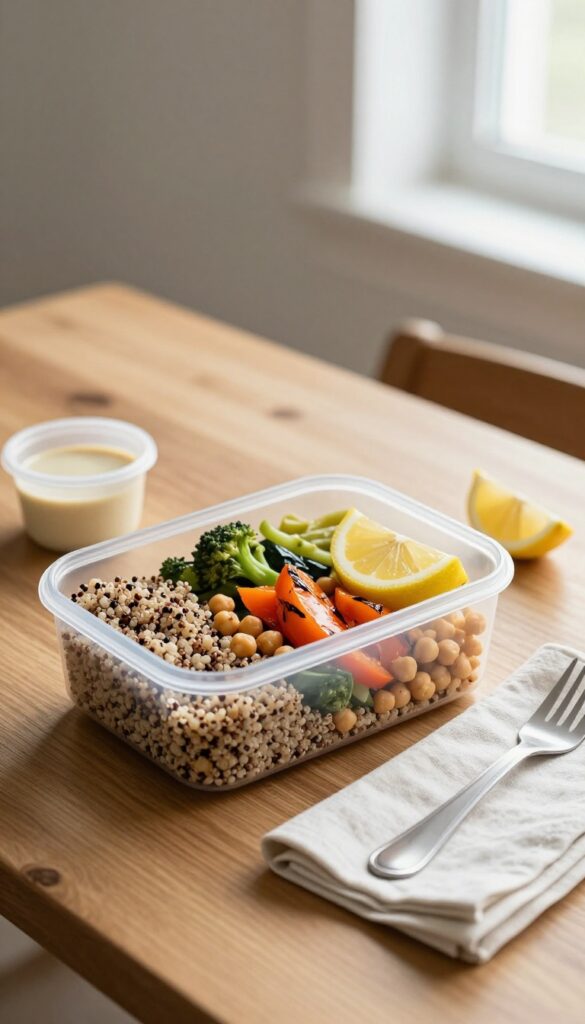 A homemade lunch packed in a container with a colorful grain bowl, vegetables, and dressing, on a wooden table in natural light.