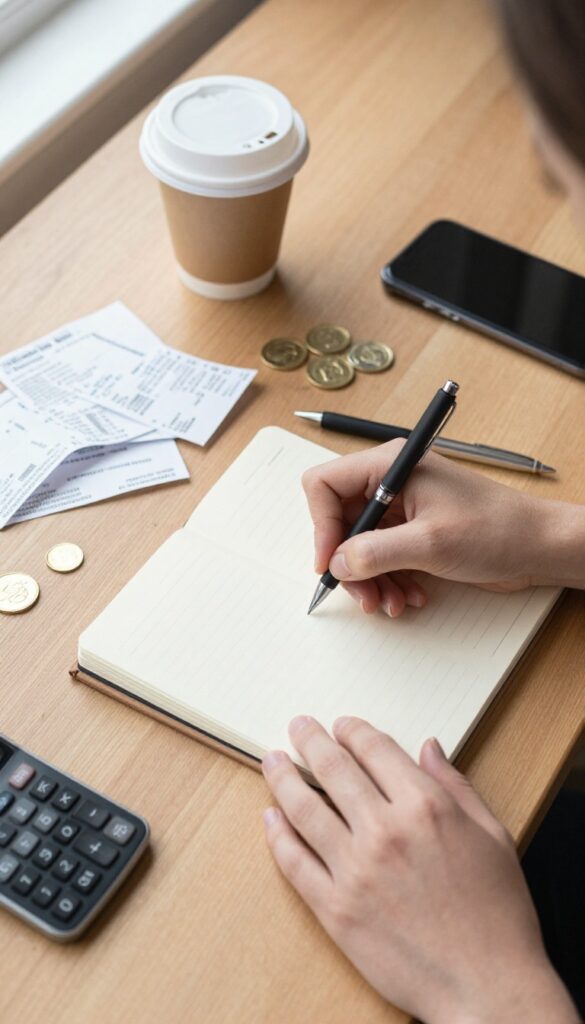 Person tracking expenses in a notebook with receipts and smartphone on a desk