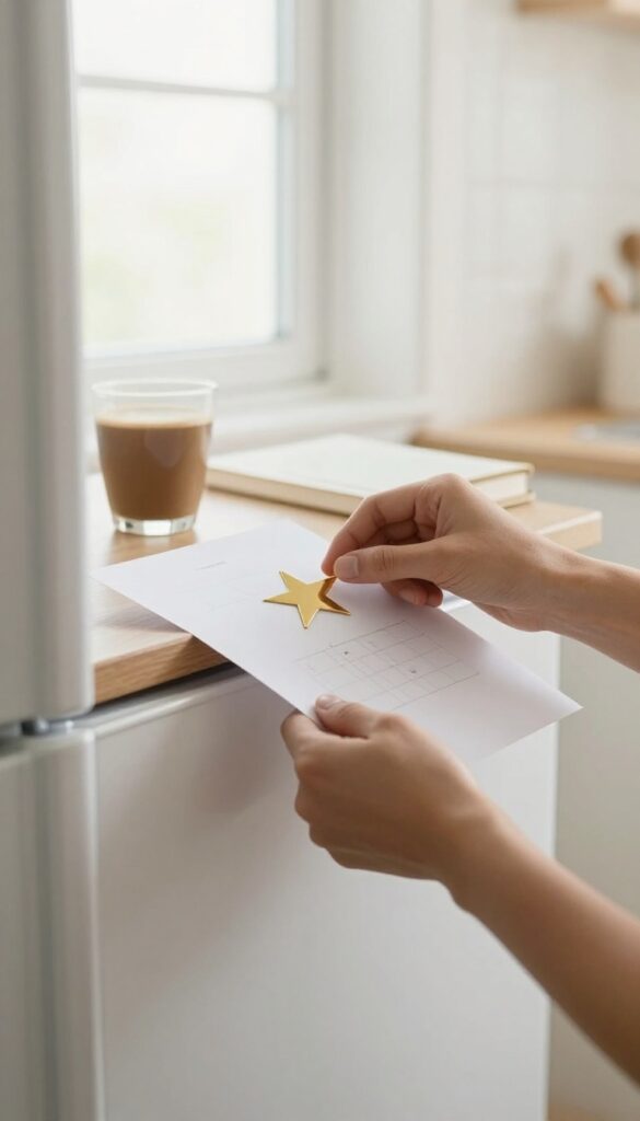 Hand placing a gold star on a budget tracking chart on a refrigerator, with coffee and book nearby