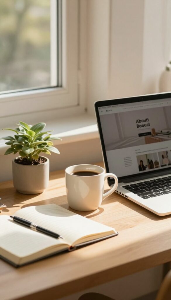 Cozy desk setup with laptop showing About page, coffee mug, and plant in natural light