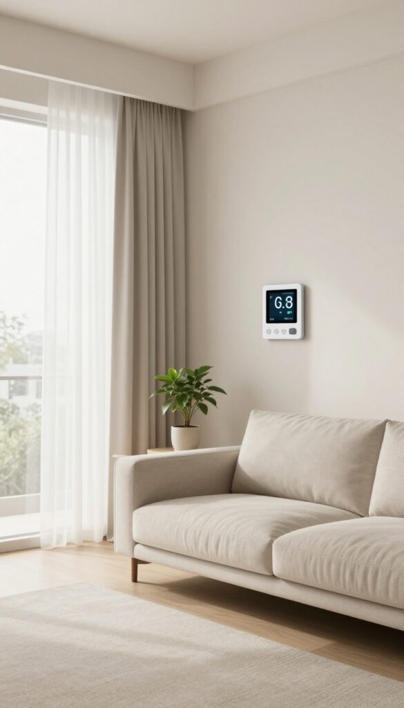 A programmable thermostat on a wall in a bright, modern apartment living room
