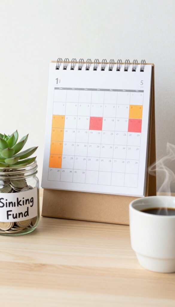 Calendar with color-coded sticky notes for irregular bills and a jar labeled sinking fund