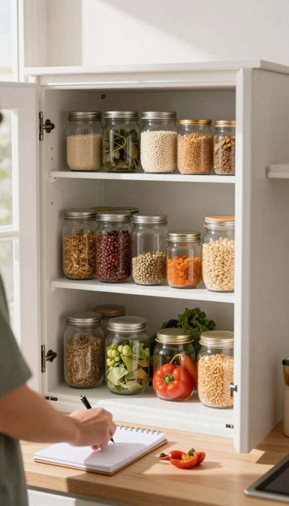 A person organizing pantry items on a kitchen counter with a notepad, planning meals to reduce food waste and save money.