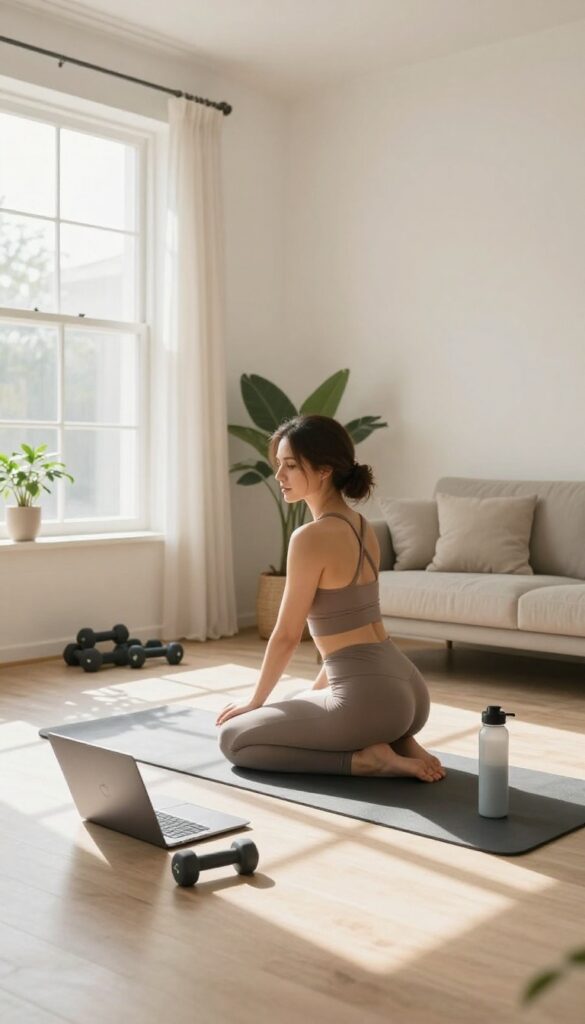 Woman leading an online fitness coaching session from her bright, plant-filled living room with workout equipment and laptop.