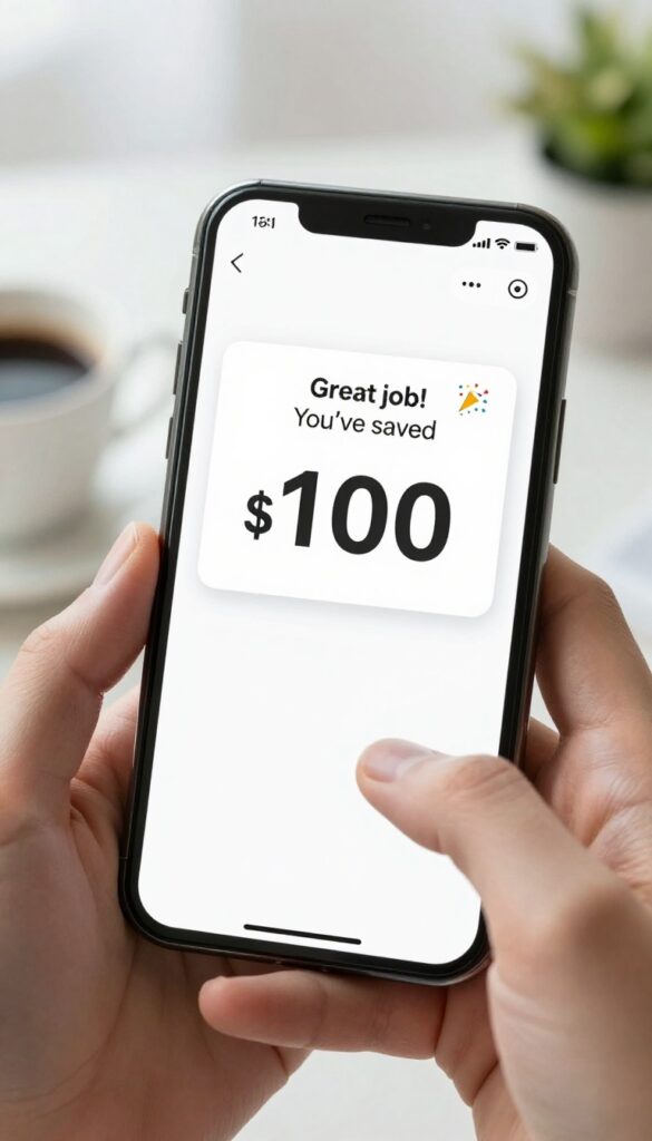 Hand holding smartphone showing savings app notification celebrating a milestone, with blurred home office background