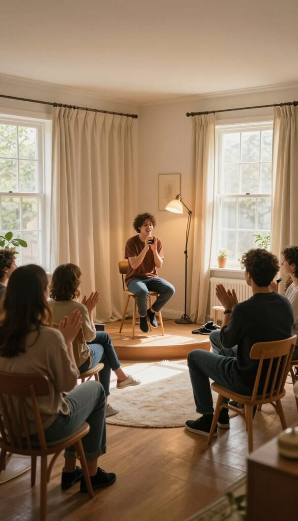 A living room stage with a person performing under a desk lamp spotlight, friends and family watching from chairs, warm natural light.
