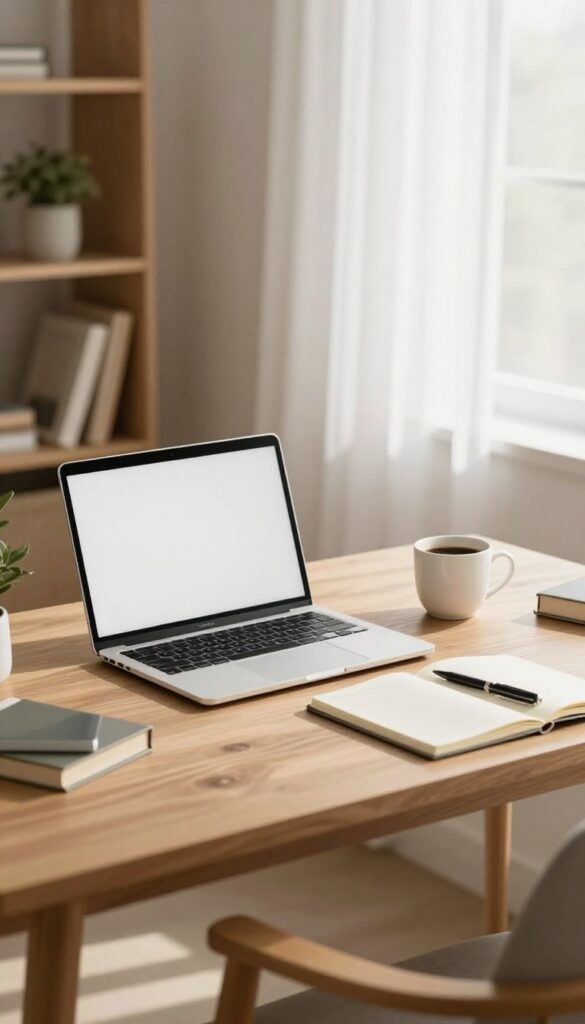 Cozy home office desk with laptop, coffee, notebook, and pen in natural light