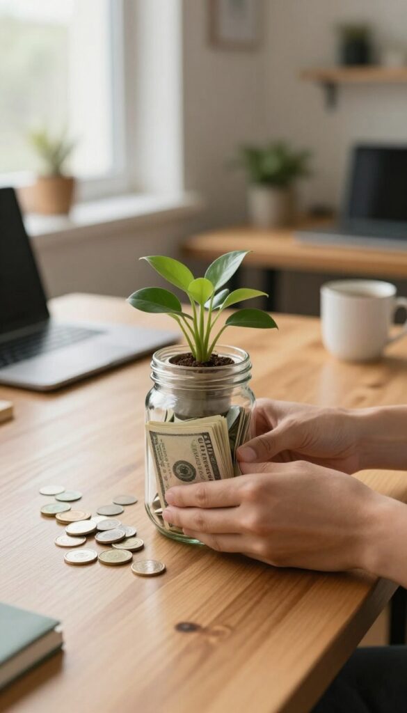 Hands putting cash into a glass savings jar on a desk with natural light and a cozy office background