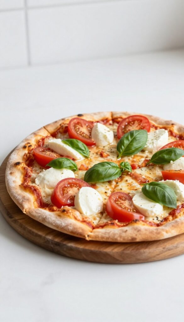 Homemade pizza with fresh ingredients on a wooden board, overhead view