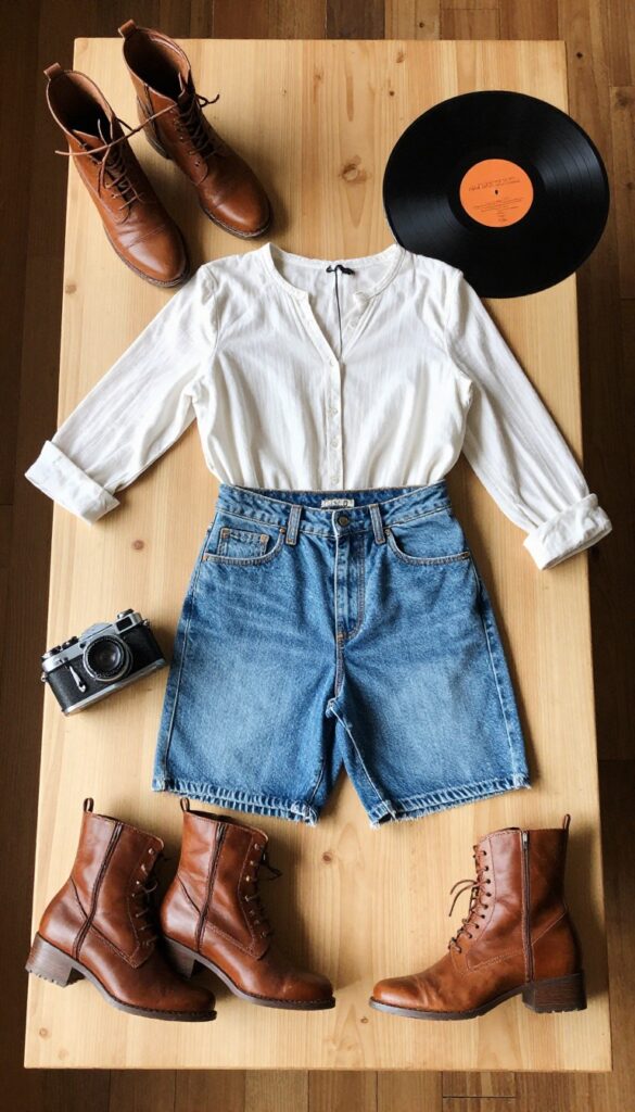 Flat lay of thrifted vintage items including clothing, boots, camera, and records on a wooden table in natural light