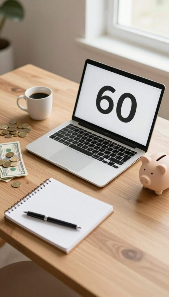 Side hustle hour setup with laptop, timer, coffee, notepad, cash, and piggy bank on a desk