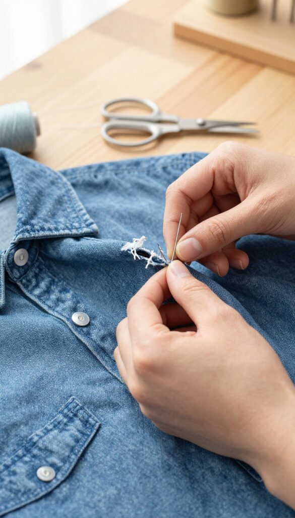 Hands repairing a torn seam on a denim shirt with needle and thread on a wooden table