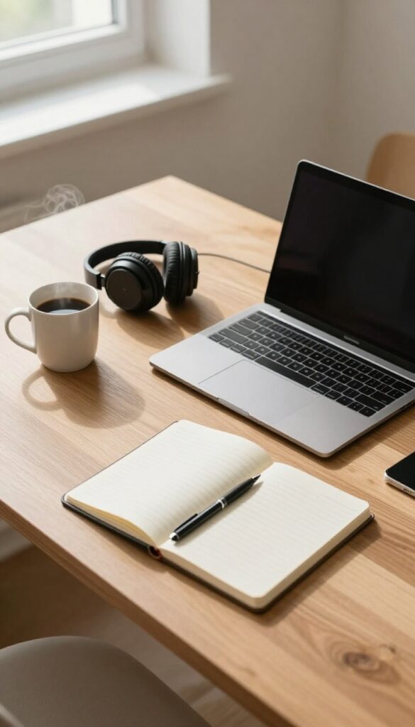 Overhead view of a desk with laptop, headphones, notebook, and coffee mug for transcription work