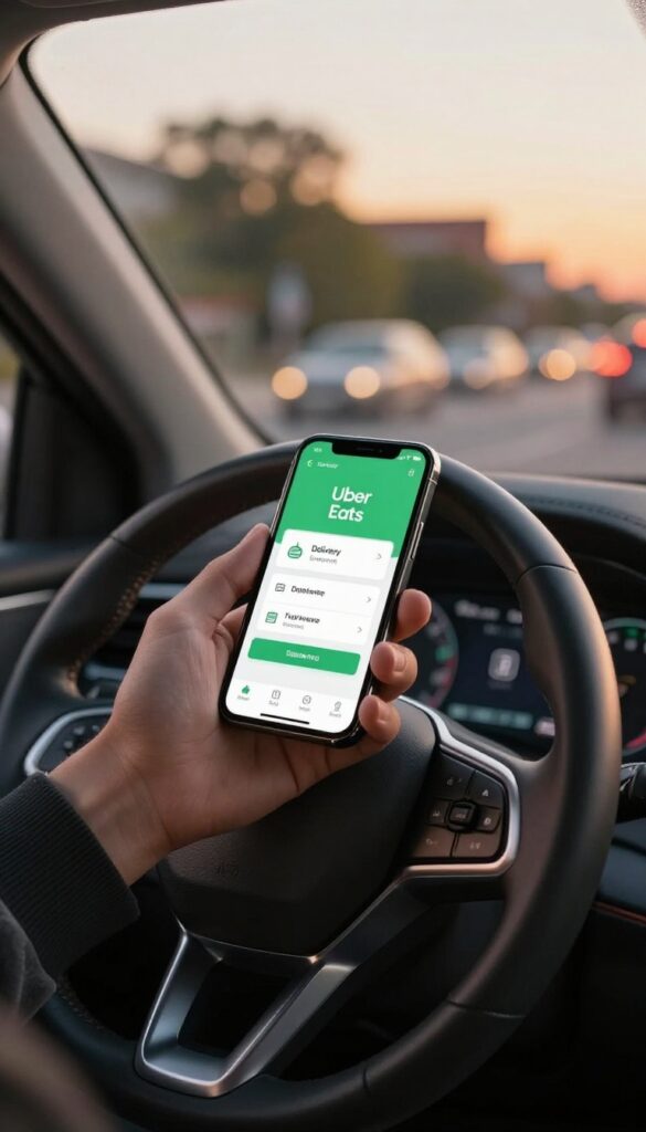 Person holding smartphone with delivery app on car dashboard at dusk