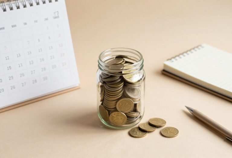 A glass jar full of coins and bills next to a 52-week calendar and notebook, representing a savings challenge.