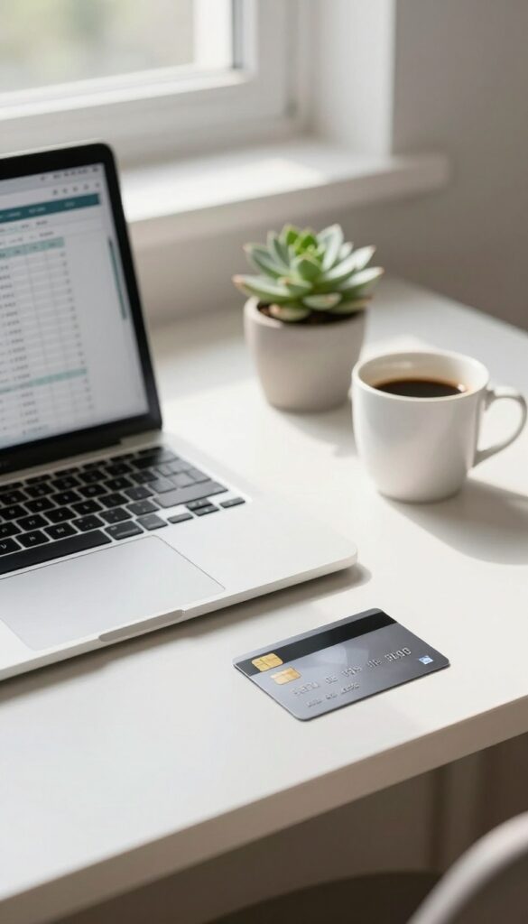 A desk with a laptop, business cards, a succulent, and coffee in natural light, representing separate business finances.