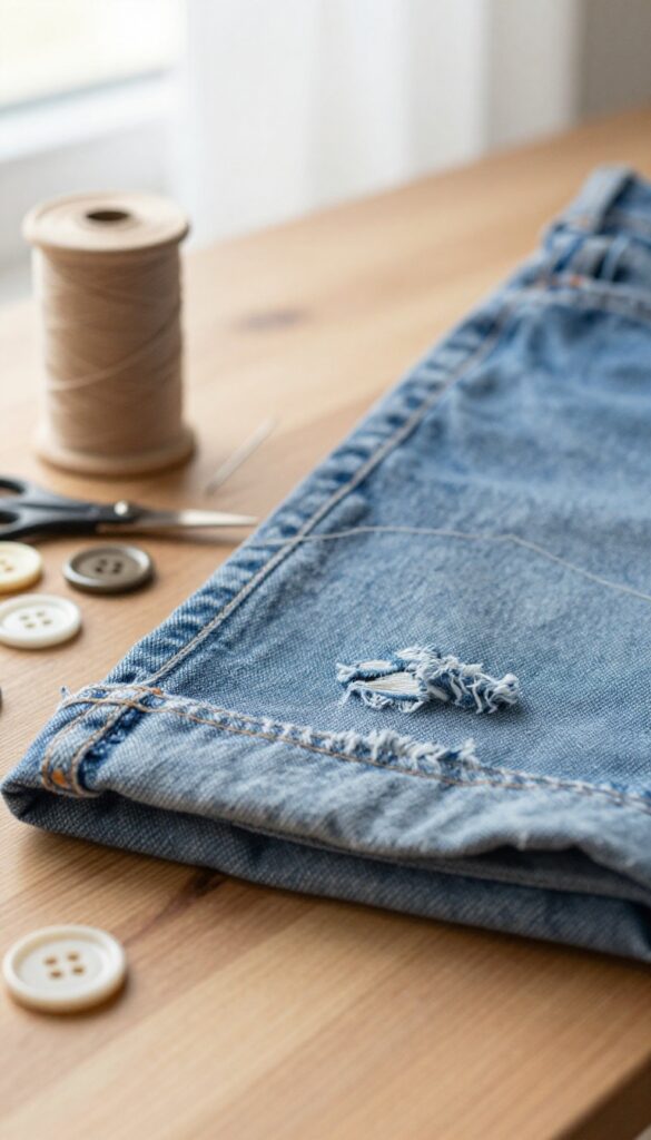 Close-up of sewing kit and jeans being mended with needle and thread on a wooden table in natural light.