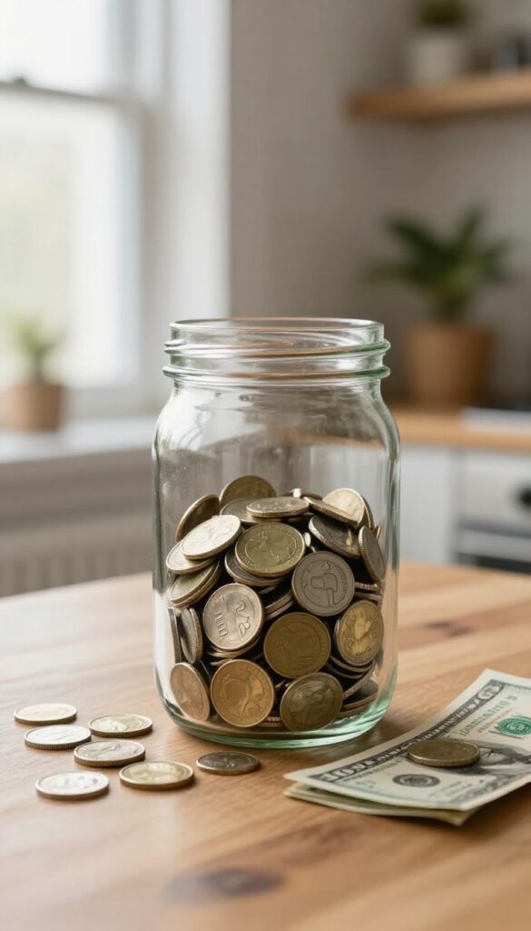 A glass jar filled with cash and coins on a wooden table by a sunny window, representing a small emergency fund.