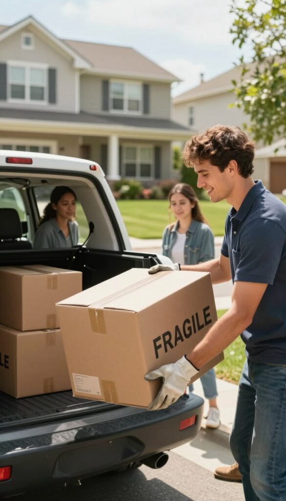 A man helping a family load a moving truck with boxes