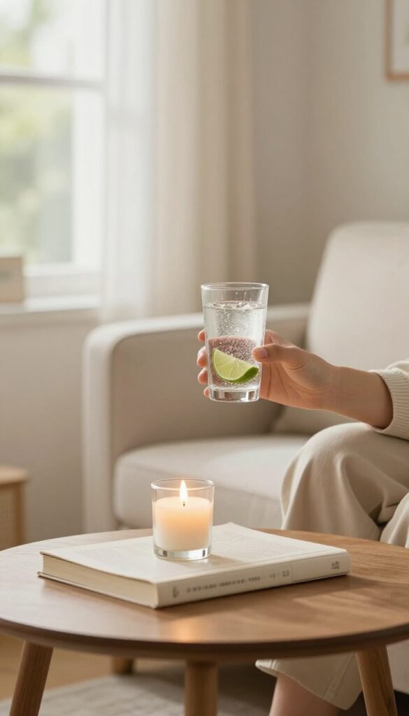 Person drinking sparkling water with lime on sofa, cozy living room, no alcohol, natural light