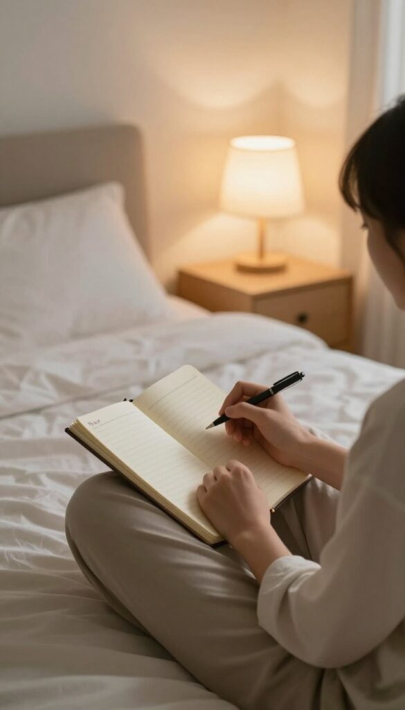 Person reflecting on daily spending in a notebook before sleep in a cozy bedroom