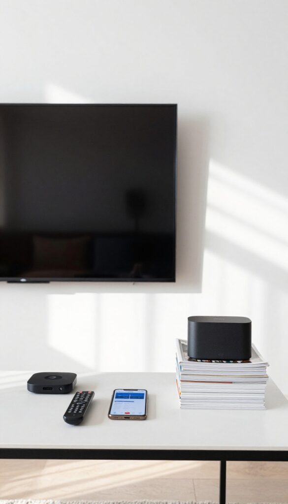 Dark TV in a bright minimalist living room with streaming device and budget app, symbolizing cutting premium cable and streaming costs.