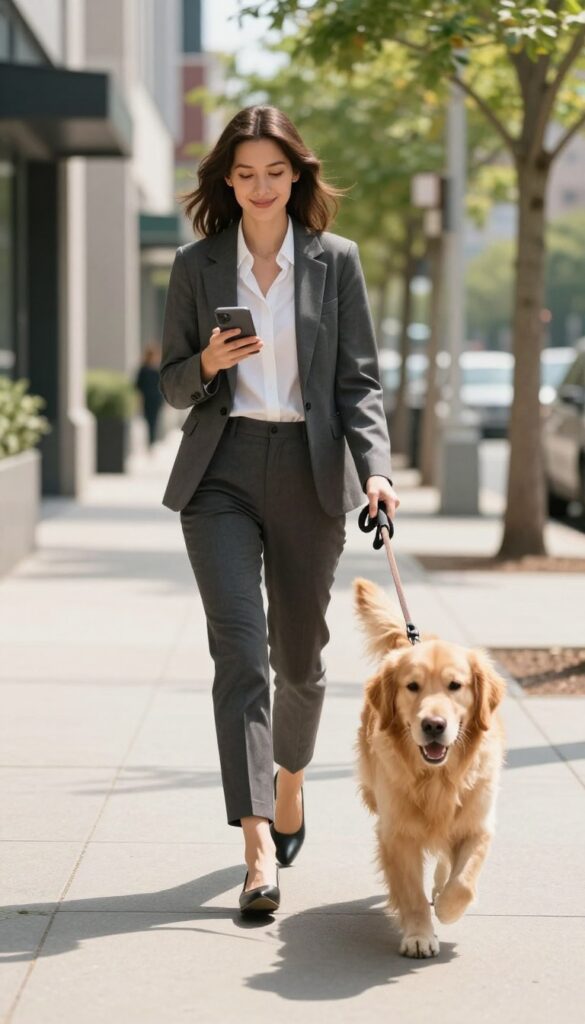 A woman in work clothes walking a golden retriever on a sunny sidewalk during lunch break