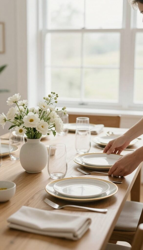 Elegant dinner table setting with white flowers and gold-rimmed plates in a sunlit room