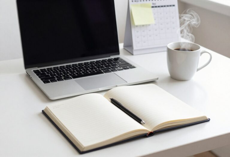 Blog planning setup with laptop, notebook, and coffee on a desk