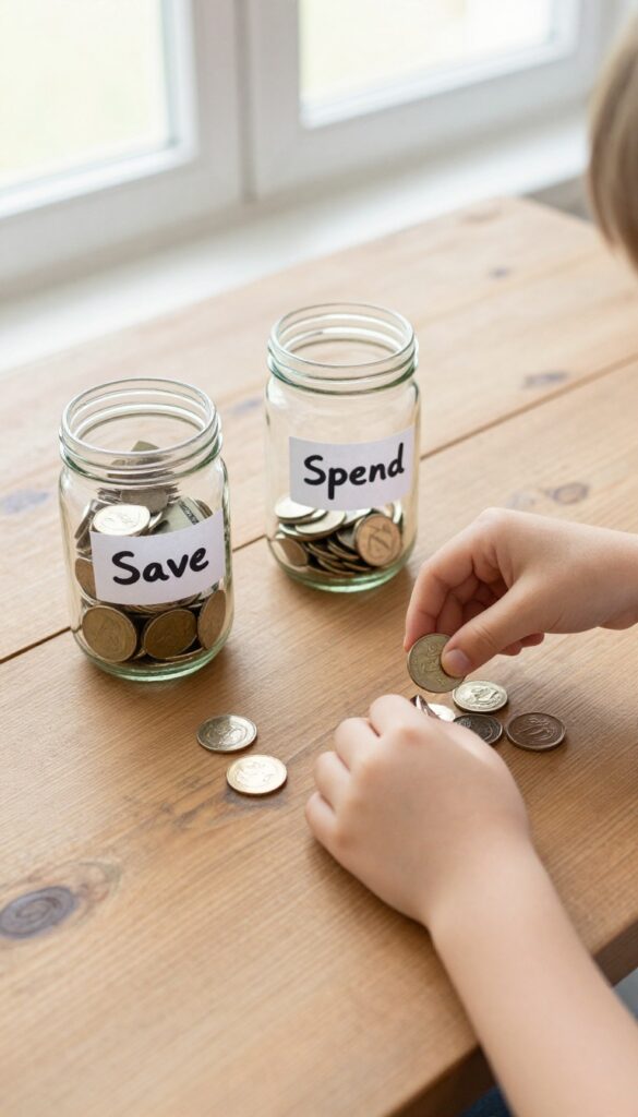 Three clear jars labeled Save, Spend, and Give on a wooden table with a child's hand adding a coin to the Give jar.