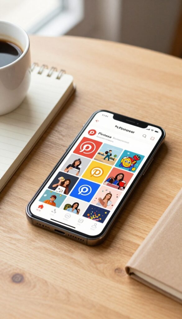 Smartphone displaying Pinterest board with coffee and notebook on wooden desk
