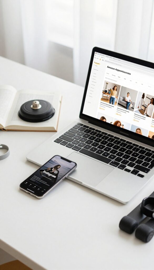 Affiliate marketing workspace with laptop, smartphone, and products on a desk