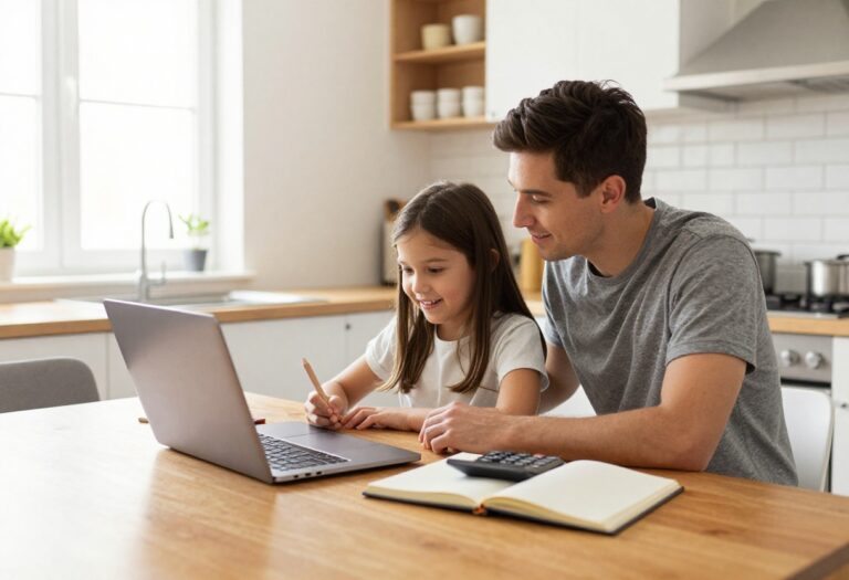 Family sitting at a kitchen table reviewing a budget on a laptop with notebooks and a calculator