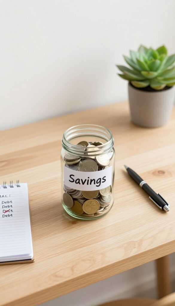 Flat lay of a savings jar, debt list notebook, and pen on a wooden desk with natural light