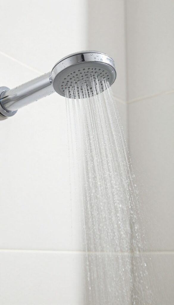 Modern low-flow showerhead with water droplets in bright bathroom