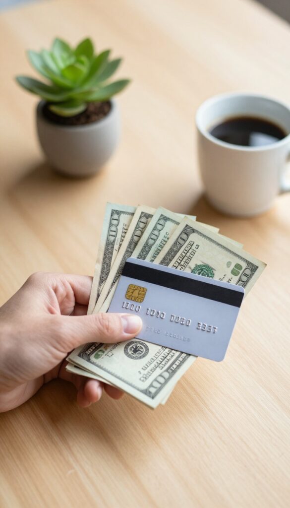 Hand holding cash and debit card on wooden table with coffee and plant
