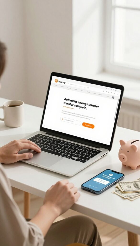 Person at a desk with laptop and phone showing automatic savings transfer notification, piggy bank and dollar bills nearby, bright natural light.