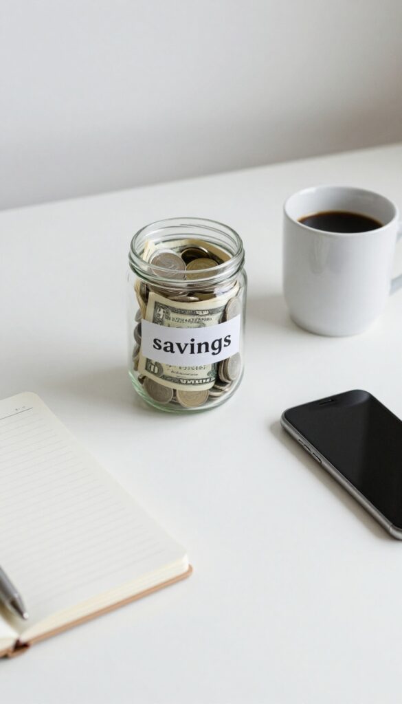 A jar of savings on a desk with a notebook and phone, representing a spending freeze challenge.