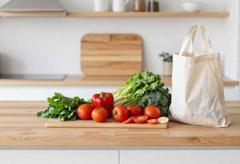Fresh vegetables on a kitchen counter with a reusable grocery bag