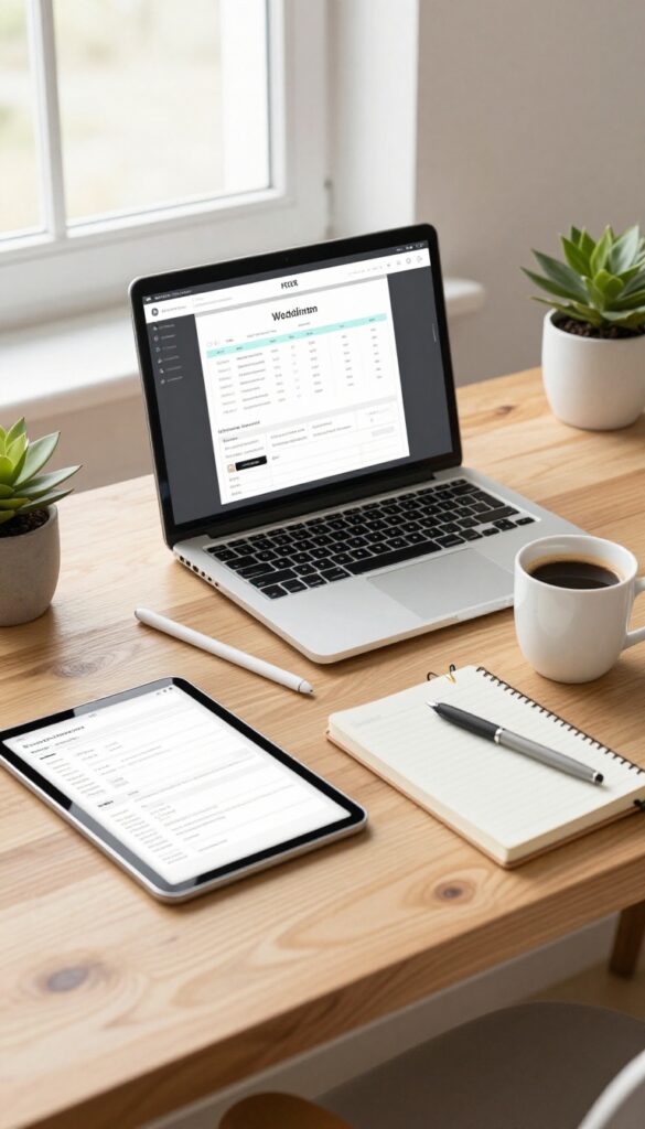Flat lay of digital product creation tools on a wooden desk