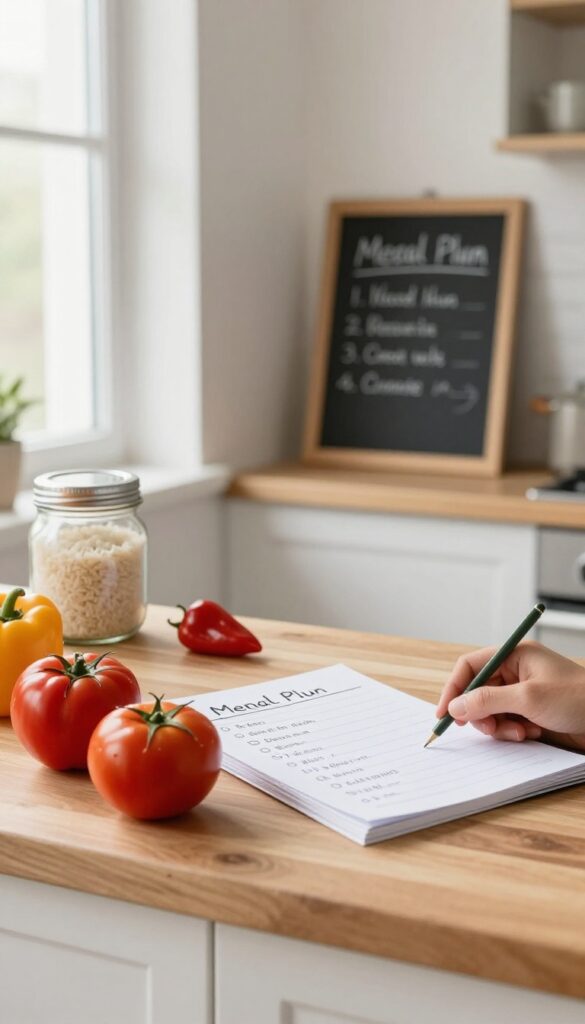 Meal planning setup with fresh vegetables, pantry staples, and a chalkboard menu on a kitchen counter