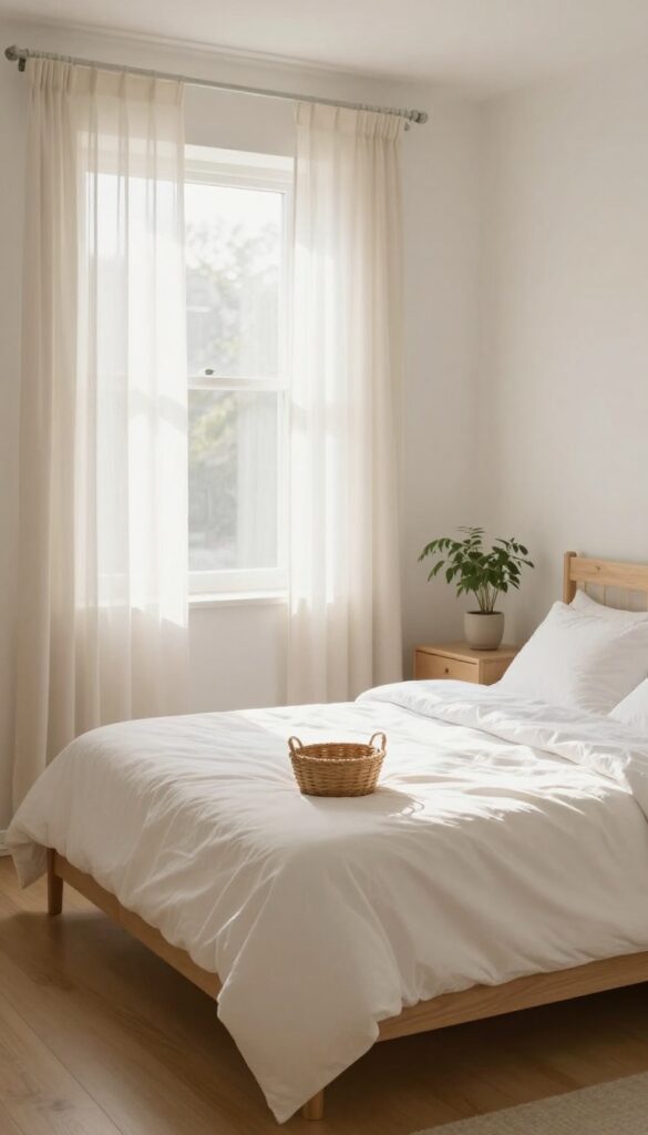 Cozy spare bedroom with white linens, sunlight, and a welcome basket, ready for Airbnb guests